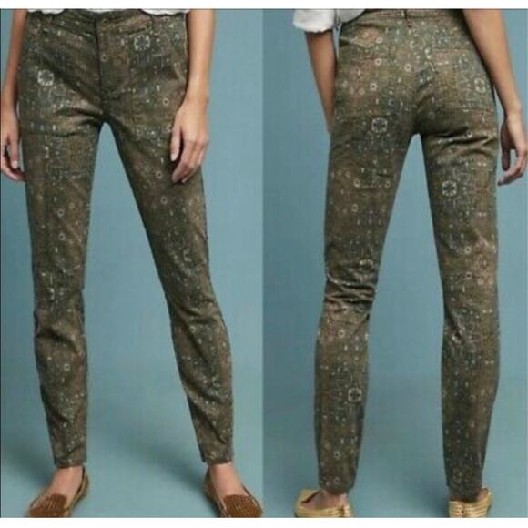 Anthropologie Pants Womens 26 Green Cadet Slim Utility Floral Casual High Rise - Picture 1 of 10